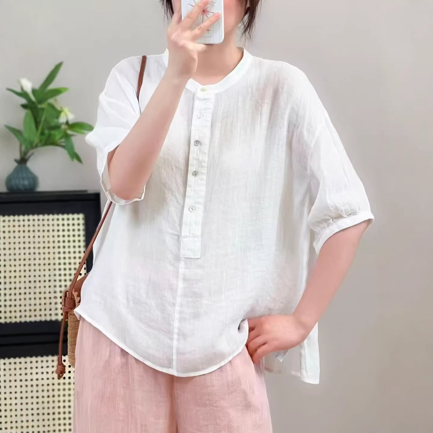 New Summer Ramie Shirt with Half-Button Closure, Artistic Round Neck, Simple Loose Fit Pullover Shirt with Mid-Sleeves