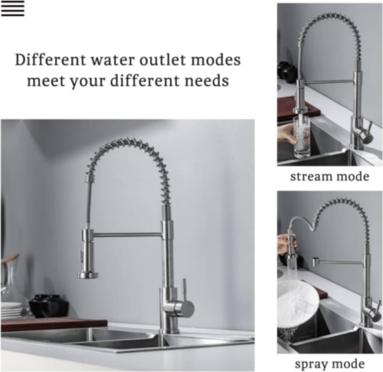 Monobloc Silver Kitchen Sink Mixer Taps with Pull Out Hose Spray Single LeverTap