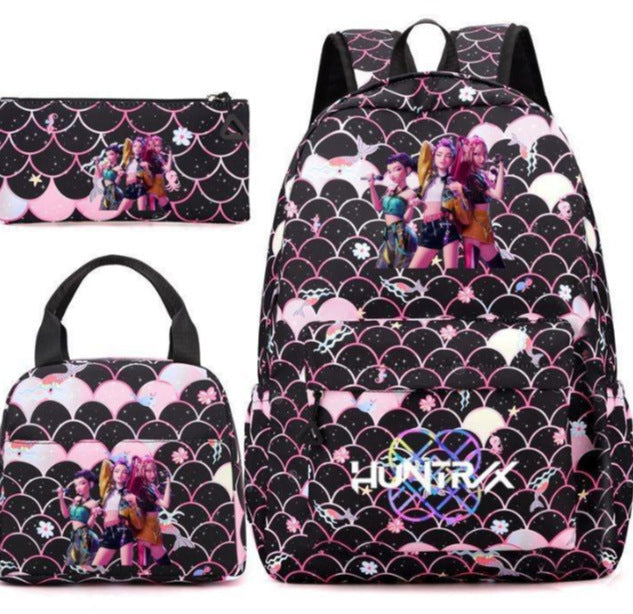 Kpop School Bag Cross-Border Hunting Girl Group Student Three-Piece Set School Bag Large Capacity Backpack Lightweight Cartoon School Bag