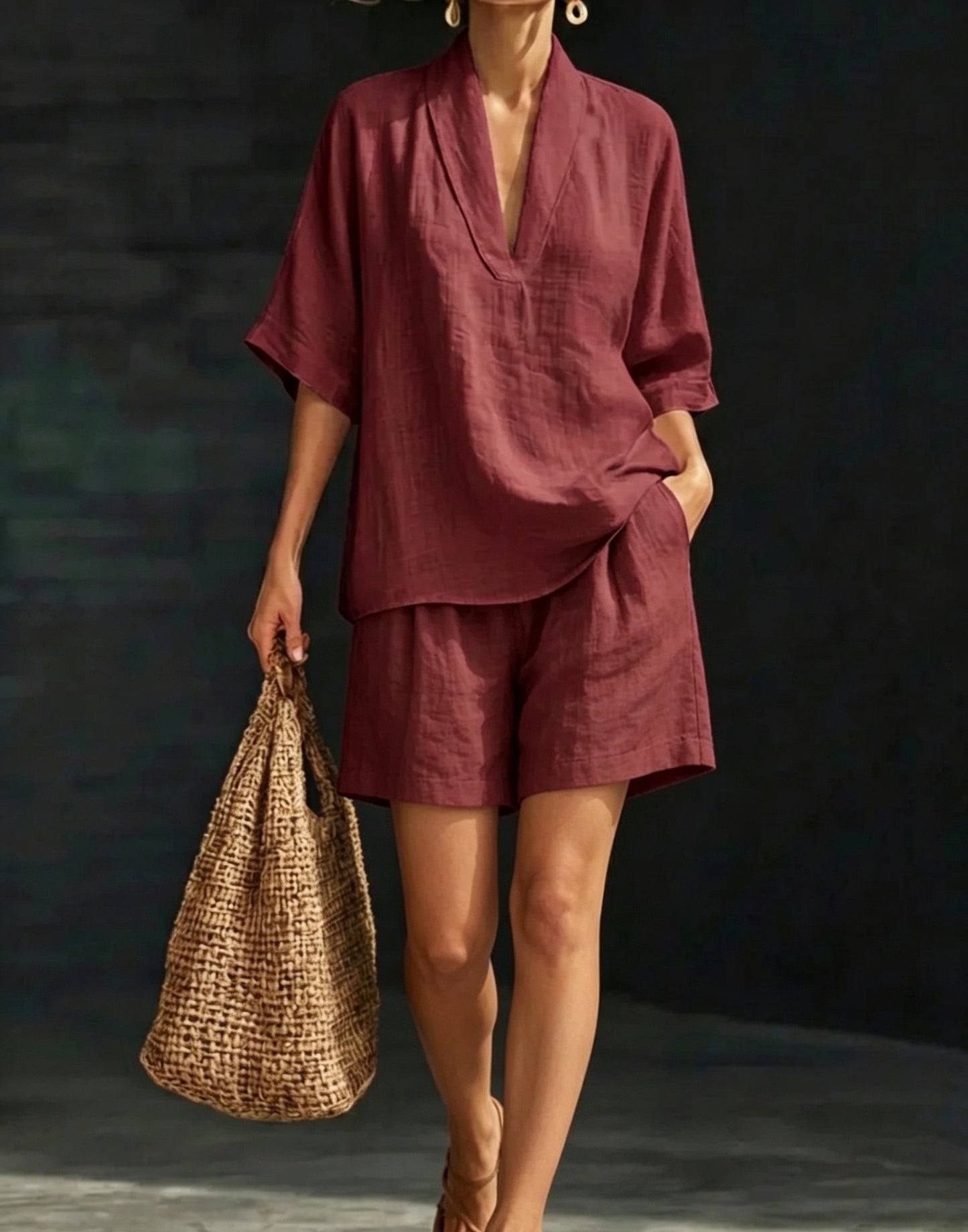 Women's V-neck woven solid colour casual fashion set