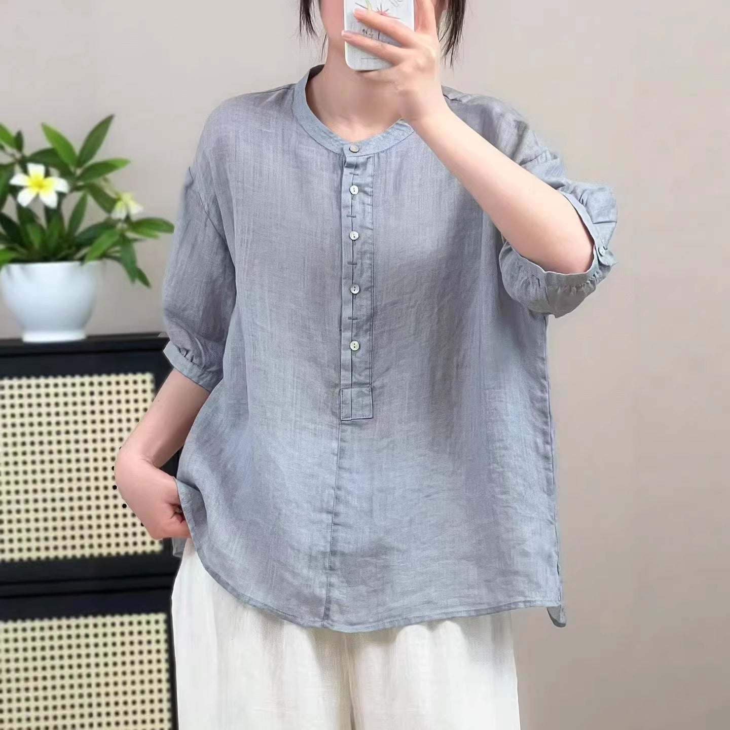 New Summer Ramie Shirt with Half-Button Closure, Artistic Round Neck, Simple Loose Fit Pullover Shirt with Mid-Sleeves