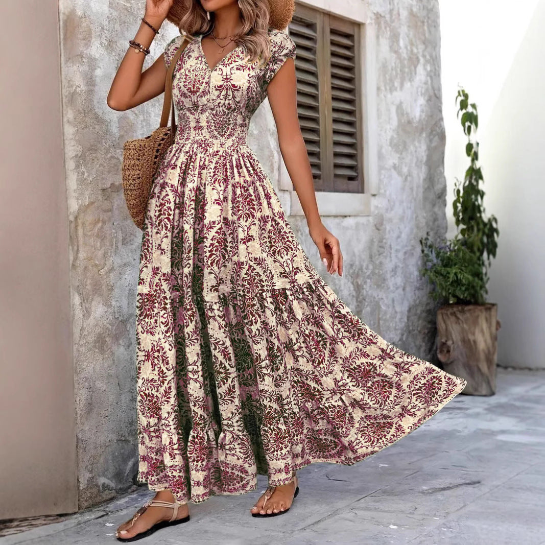 2025 Amazon Cross-Border Export Retro Printed Dress Fashionable and Elegant V Neck Short-Sleeved Dress Women's Dress