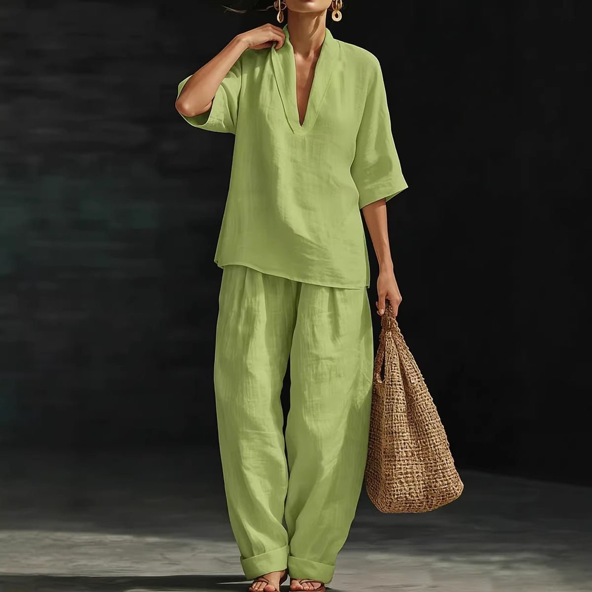 Women's V-neck woven solid colour casual fashion set