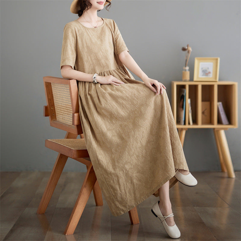 2025 New Cotton and Linen Jacquard Loose-Fitting Round Neck Solid Color Plus-Size Women's Short-Sleeve Dress