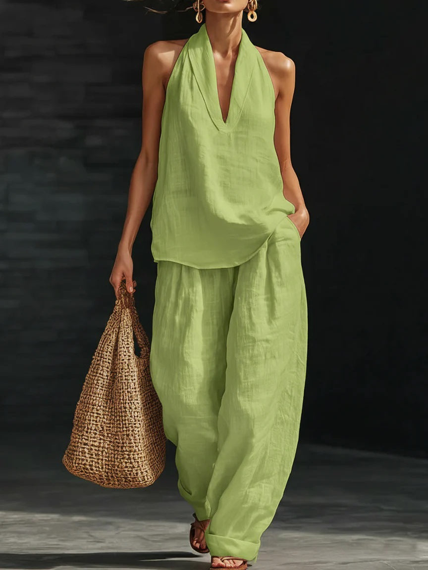 Women's V-neck woven solid colour casual fashion set