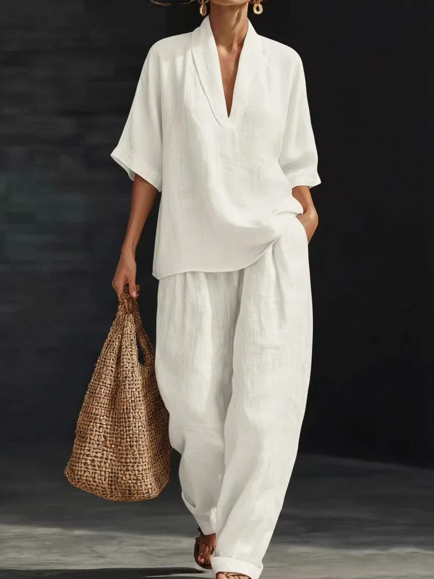 Women's V-neck woven solid colour casual fashion set