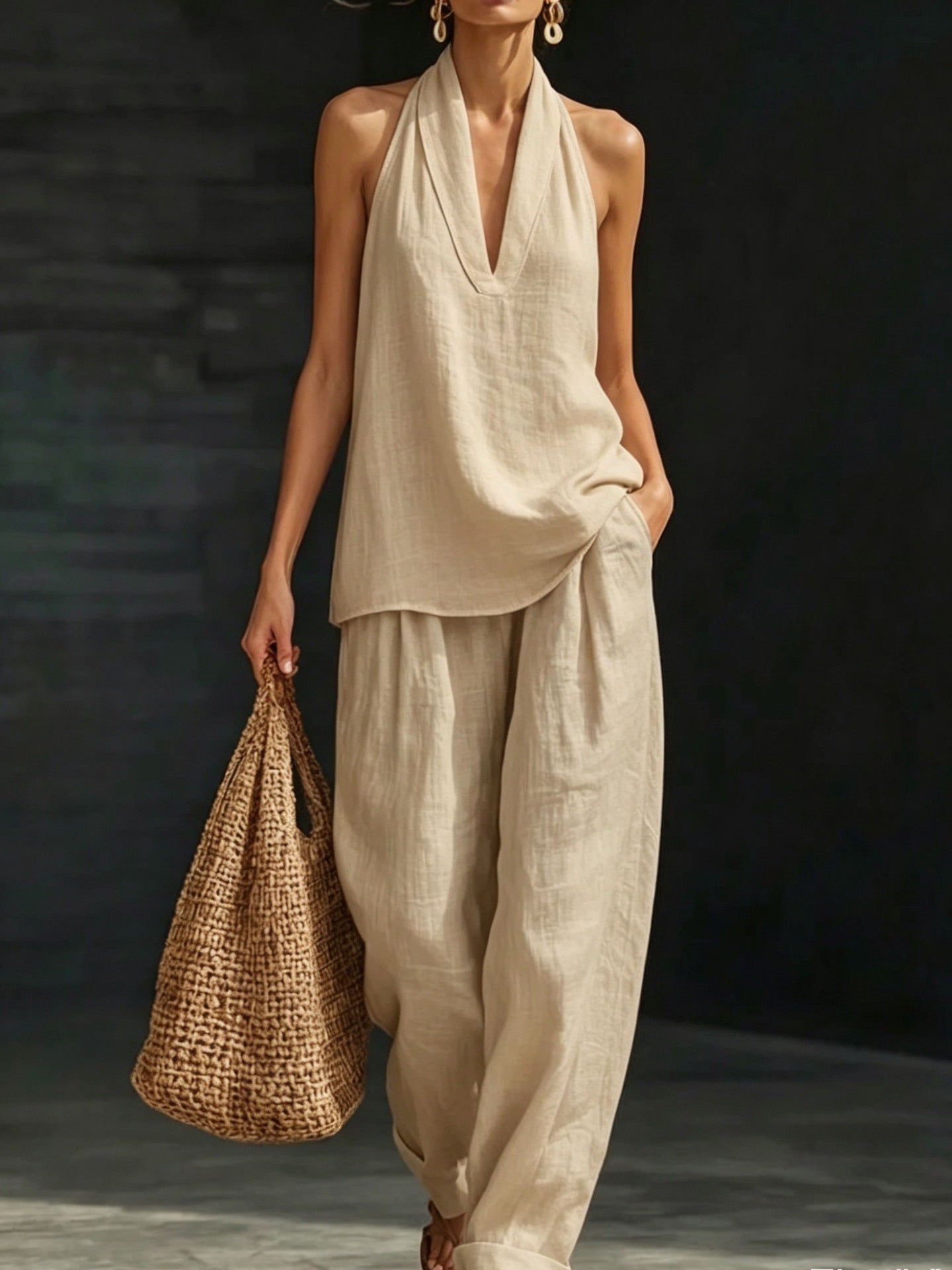 Women's V-neck woven solid colour casual fashion set