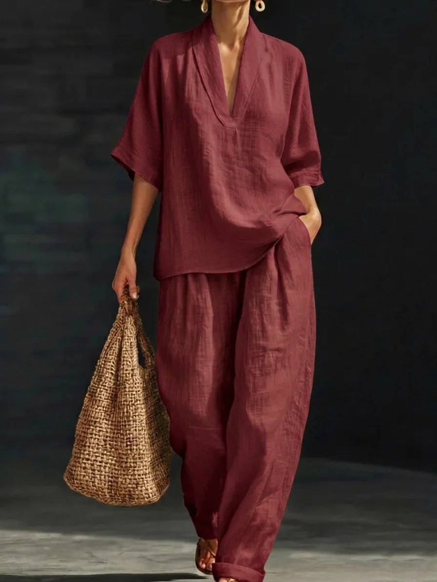 Women's V-neck woven solid colour casual fashion set