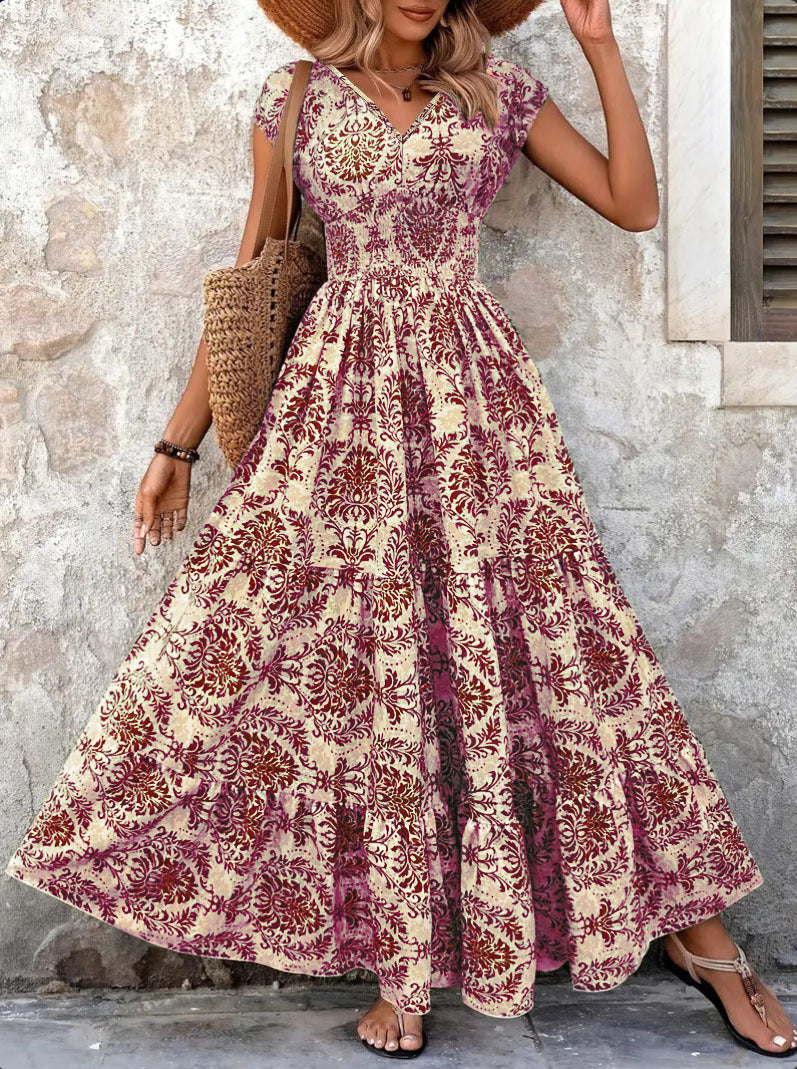 2025 Amazon Cross-Border Export Retro Printed Dress Fashionable and Elegant V Neck Short-Sleeved Dress Women's Dress