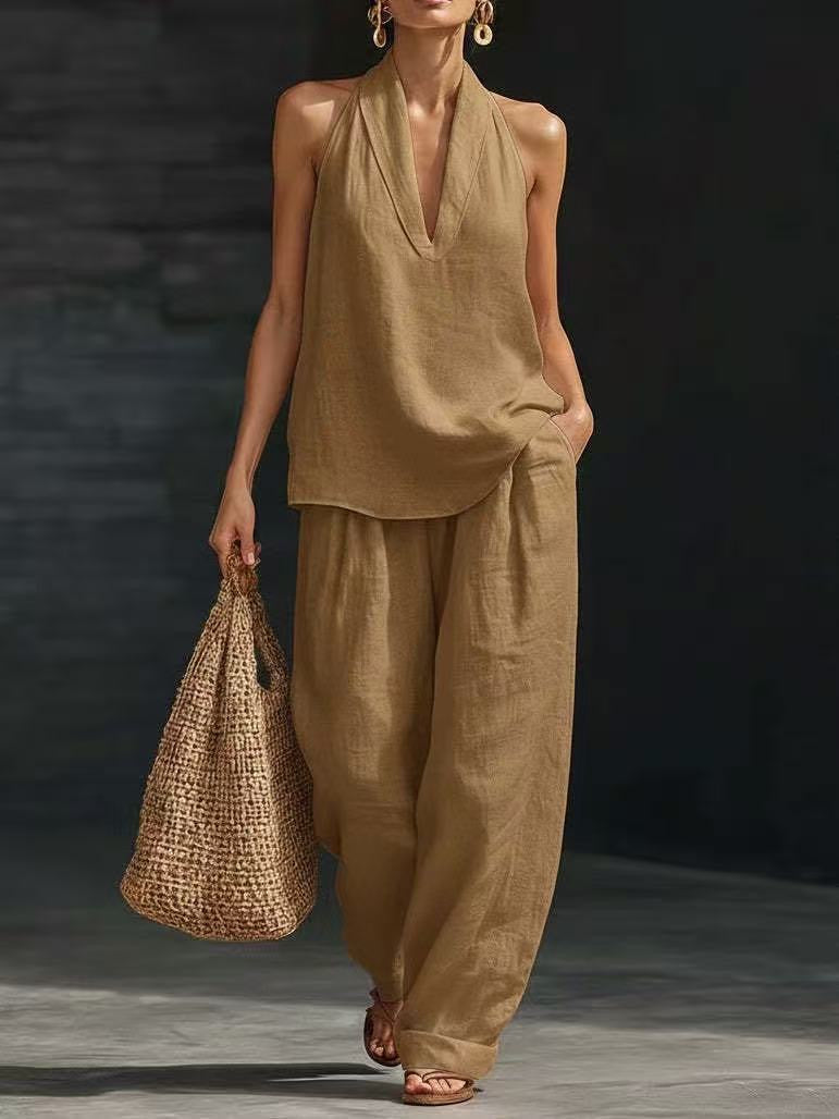 Women's V-neck woven solid colour casual fashion set
