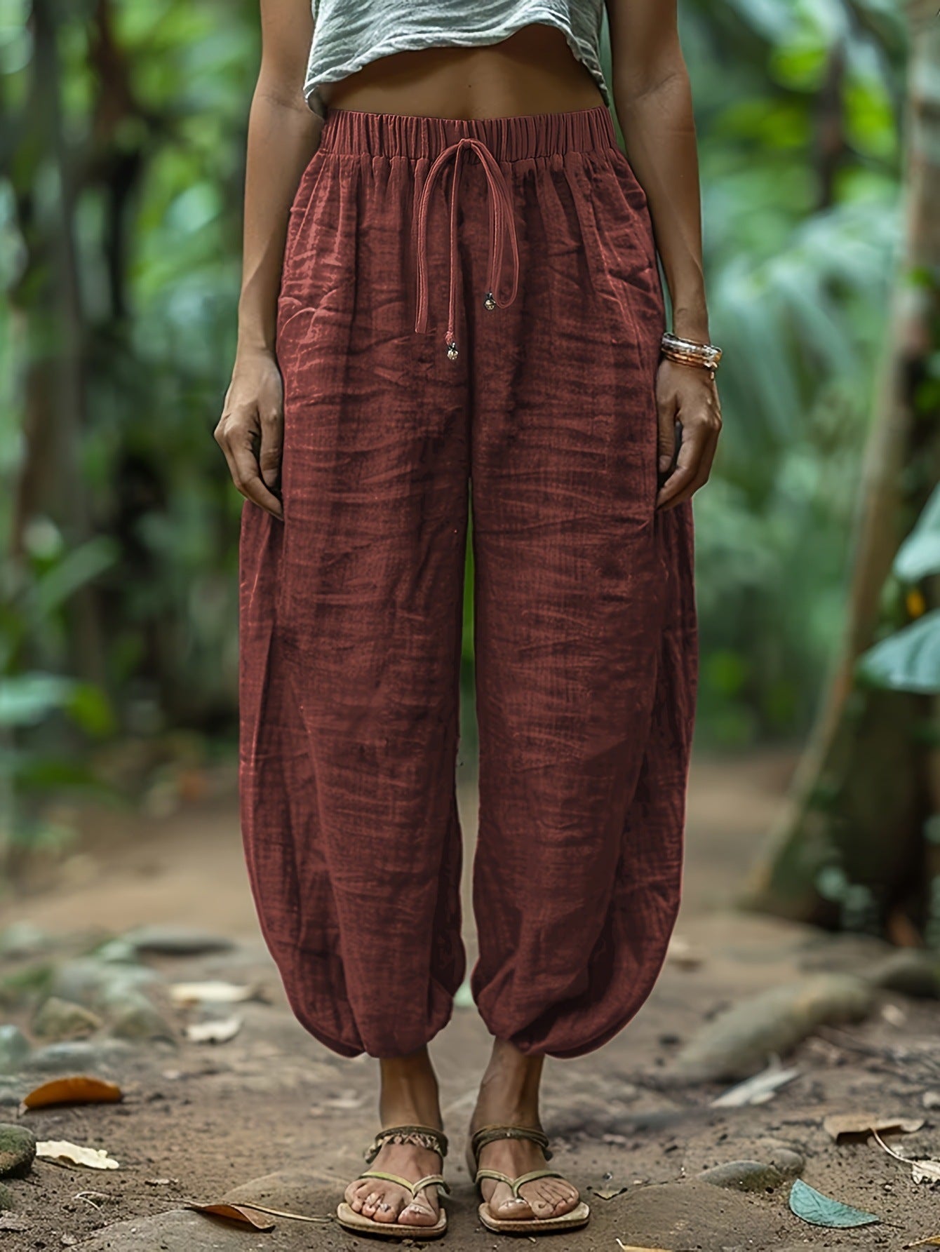 Spring/Summer New Women's Casual Lantern Pants with Elastic Drawstring Waist, Patch Pockets, Loose Fit, Cropped Length