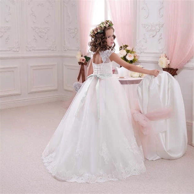 Cross-border European and American Foreign Trade Children's Wedding Dress Lace Bow Sleeveless Birthday Girl's Puffy Princess Long Dress