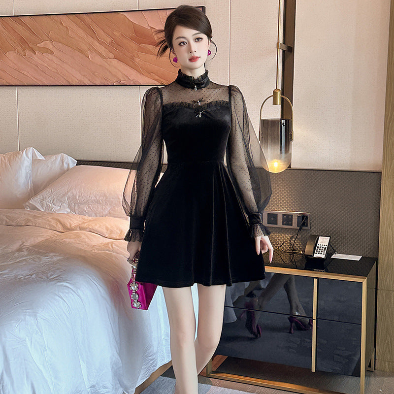 Hepburn-Style Black Velvet Dress for Women, New Spring Fashion, Elegant and Luxurious Birthday Party Dress 80381