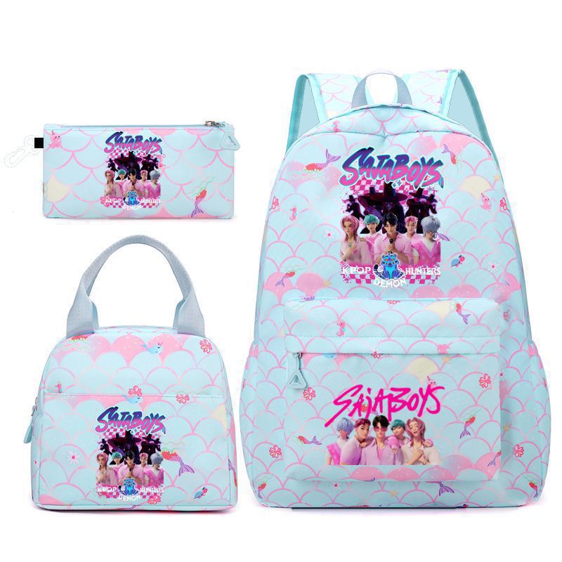 Kpop School Bag Cross-Border Hunting Girl Group Student Three-Piece Set School Bag Large Capacity Backpack Lightweight Cartoon School Bag