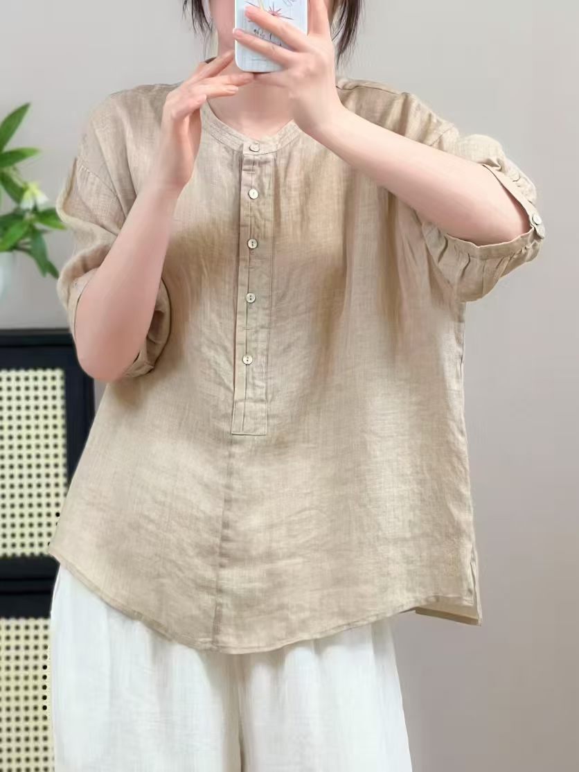 New Summer Ramie Shirt with Half-Button Closure, Artistic Round Neck, Simple Loose Fit Pullover Shirt with Mid-Sleeves
