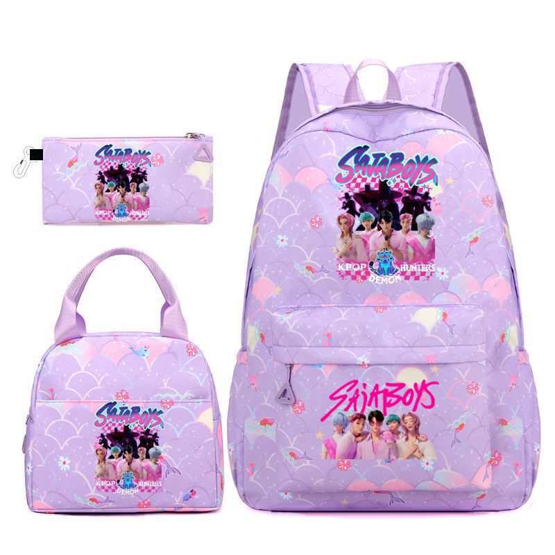 Kpop School Bag Cross-Border Hunting Girl Group Student Three-Piece Set School Bag Large Capacity Backpack Lightweight Cartoon School Bag