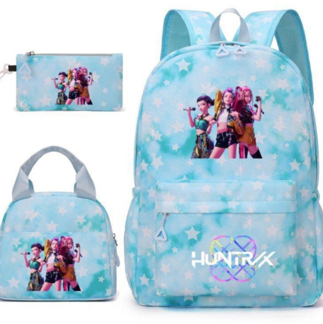 Kpop School Bag Cross-Border Hunting Girl Group Student Three-Piece Set School Bag Large Capacity Backpack Lightweight Cartoon School Bag