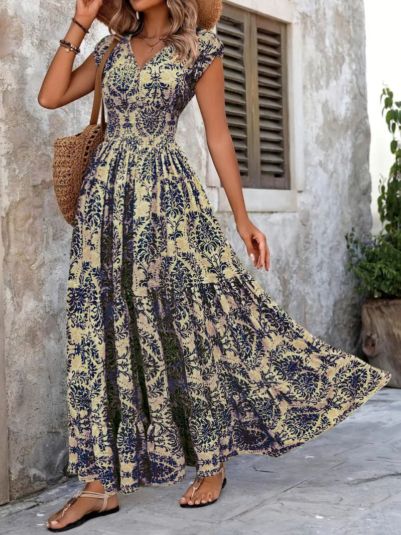 2025 Amazon Cross-Border Export Retro Printed Dress Fashionable and Elegant V Neck Short-Sleeved Dress Women's Dress