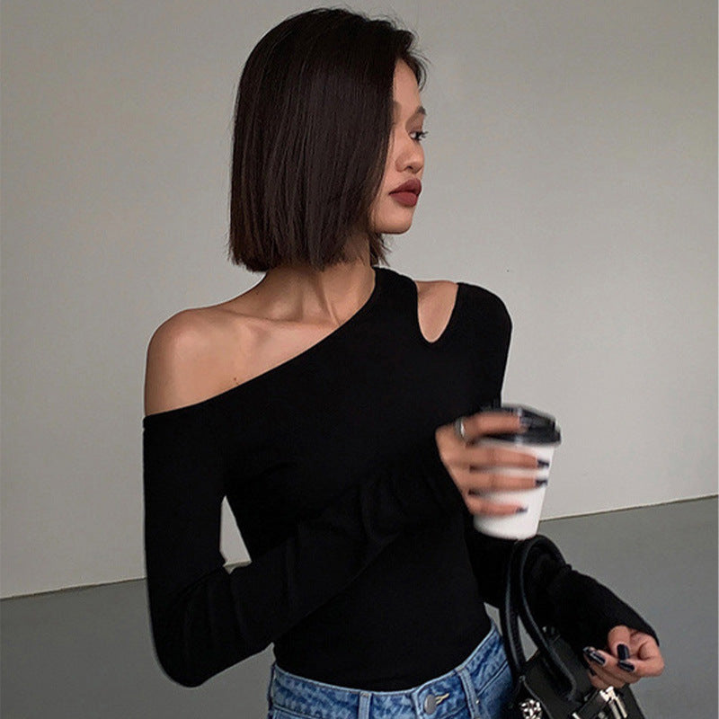 zjh Black Sexy Shoulder Inclined Shoulder Base Shirt Women's Autumn All-match Long-sleeved T-shirt Tight Inner Shoulder Shoulder Shoulder Shoulder Shirt