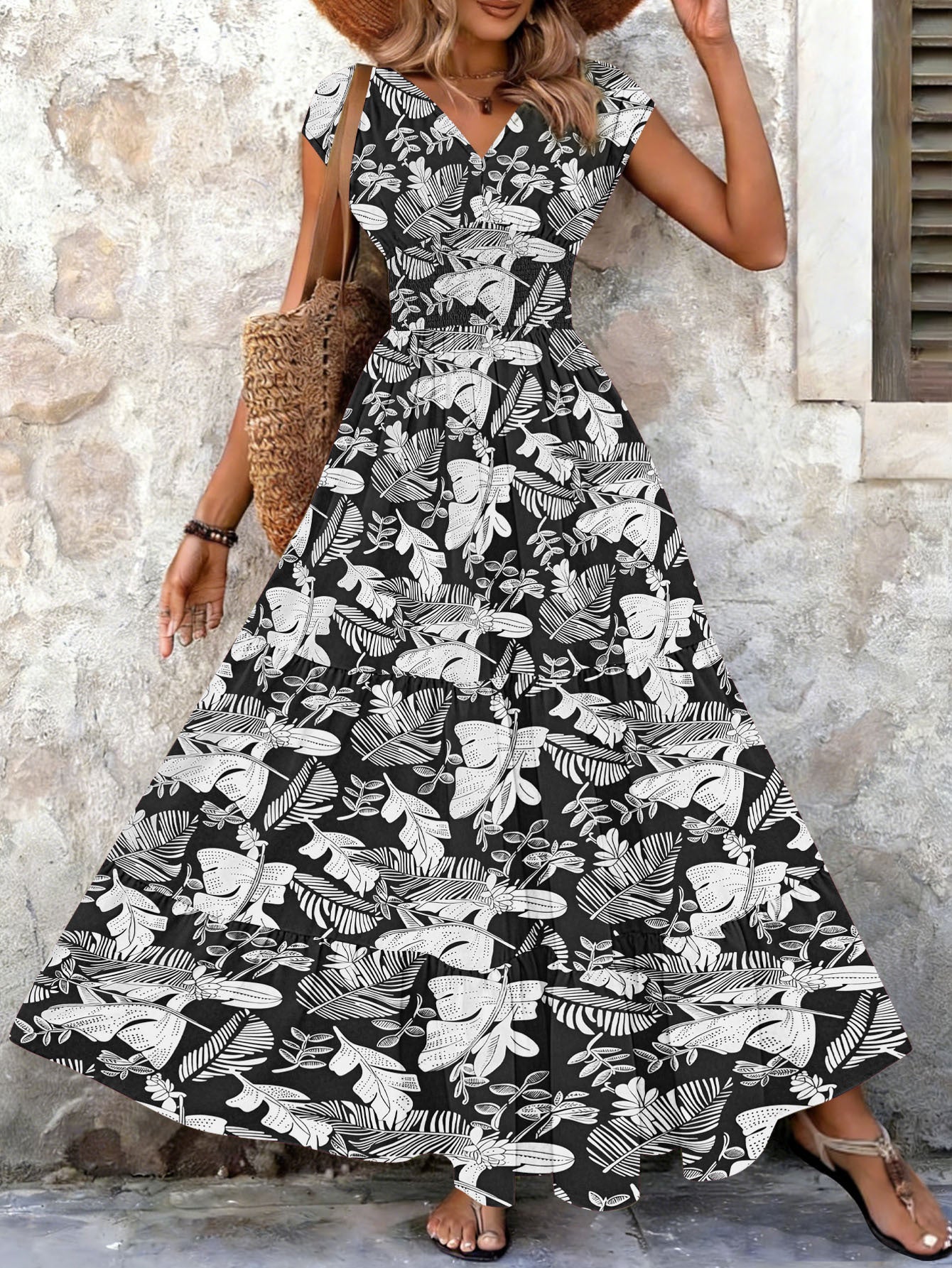 2025 Amazon Cross-Border Export Retro Printed Dress Fashionable and Elegant V Neck Short-Sleeved Dress Women's Dress