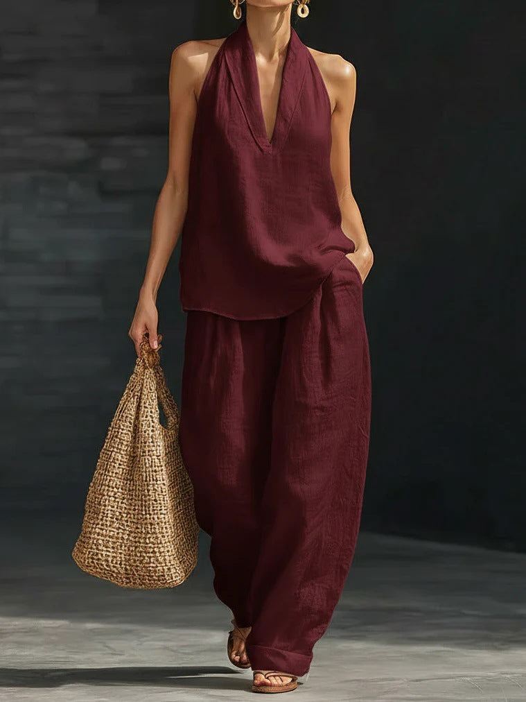 Women's V-neck woven solid colour casual fashion set