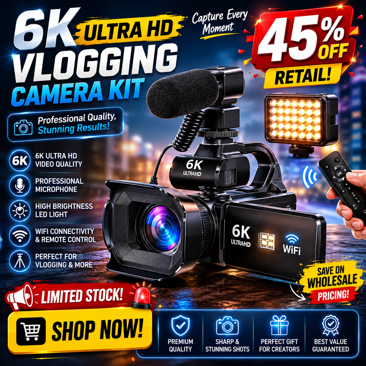 64MP 6K 18X Digital Zoom Camcorder Video Camera With 4-Inch Touch Screen, Microphone & LED Light, 32G, 64G, 128G, 256G