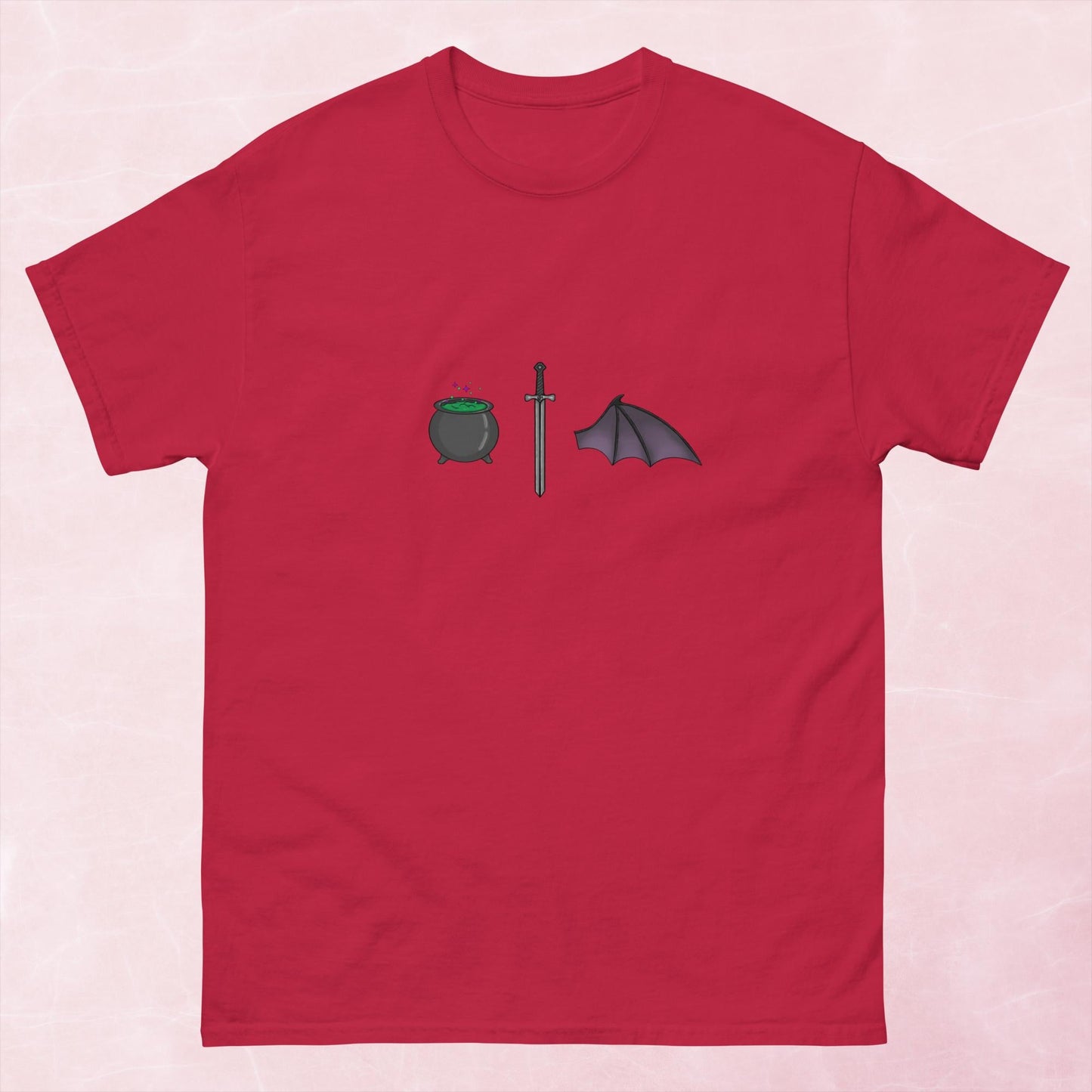 Cool hand illustrated cauldron sword and batwing fantasy book unisex graphic t-shirt