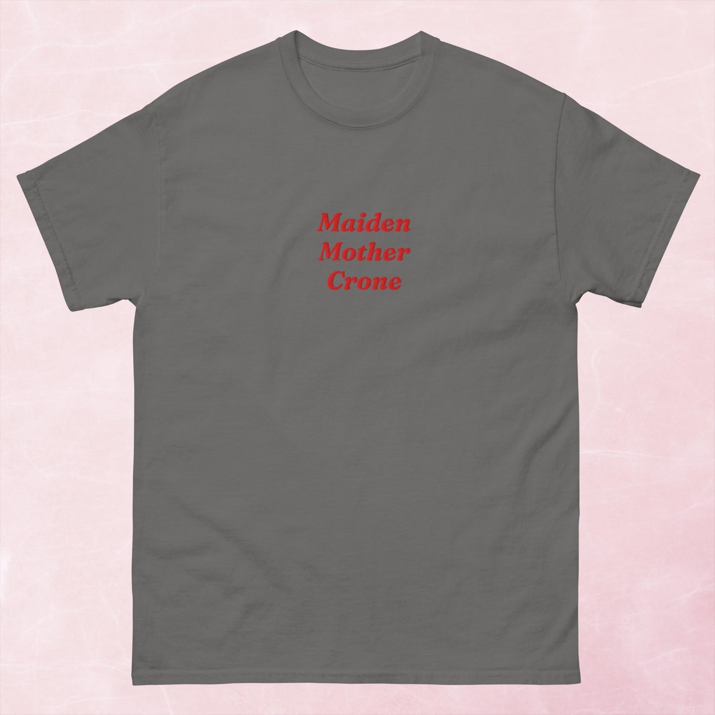Maiden, Mother Crone fantasy book inspired unisex embroidered t-shirt
