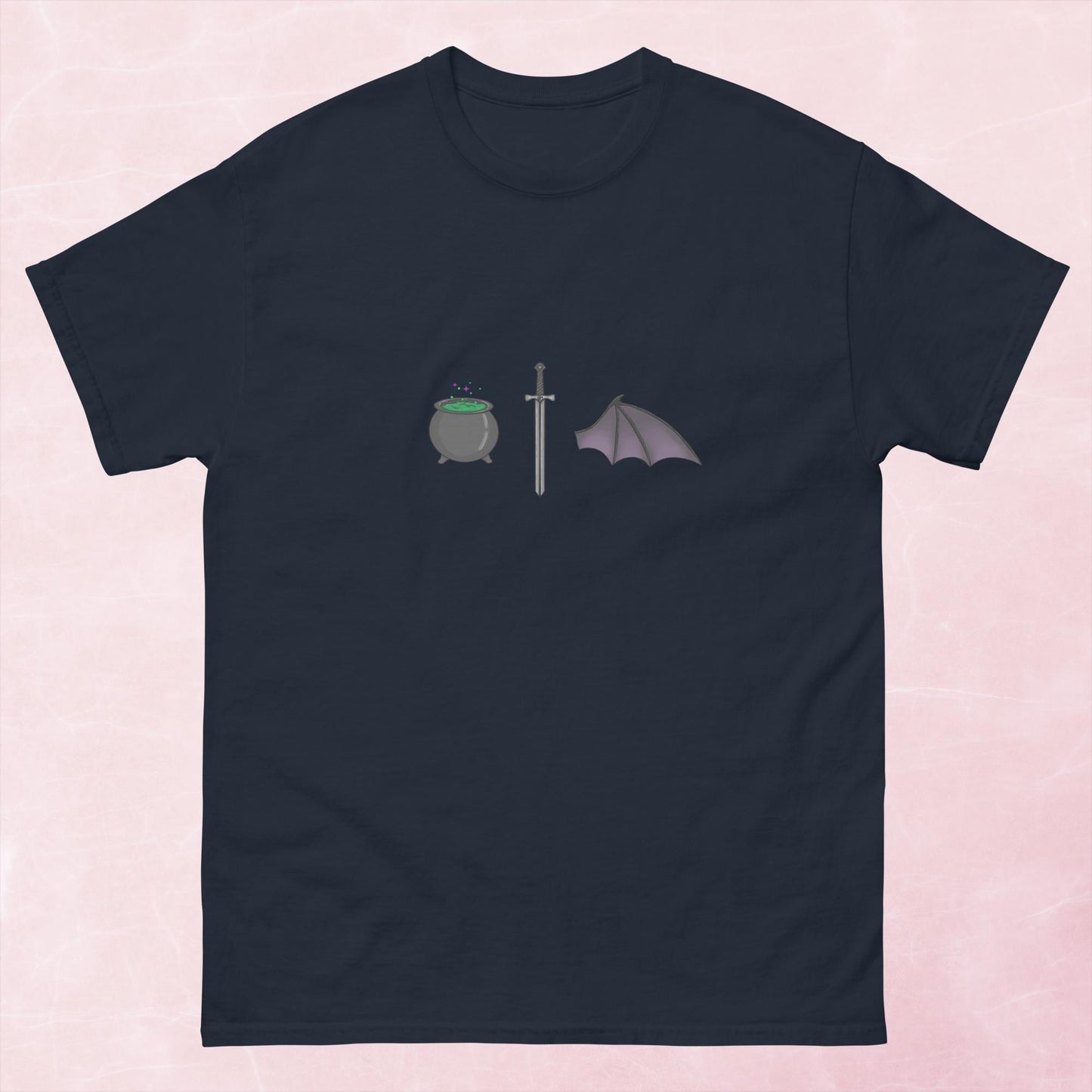 Cool hand illustrated cauldron sword and batwing fantasy book unisex graphic t-shirt