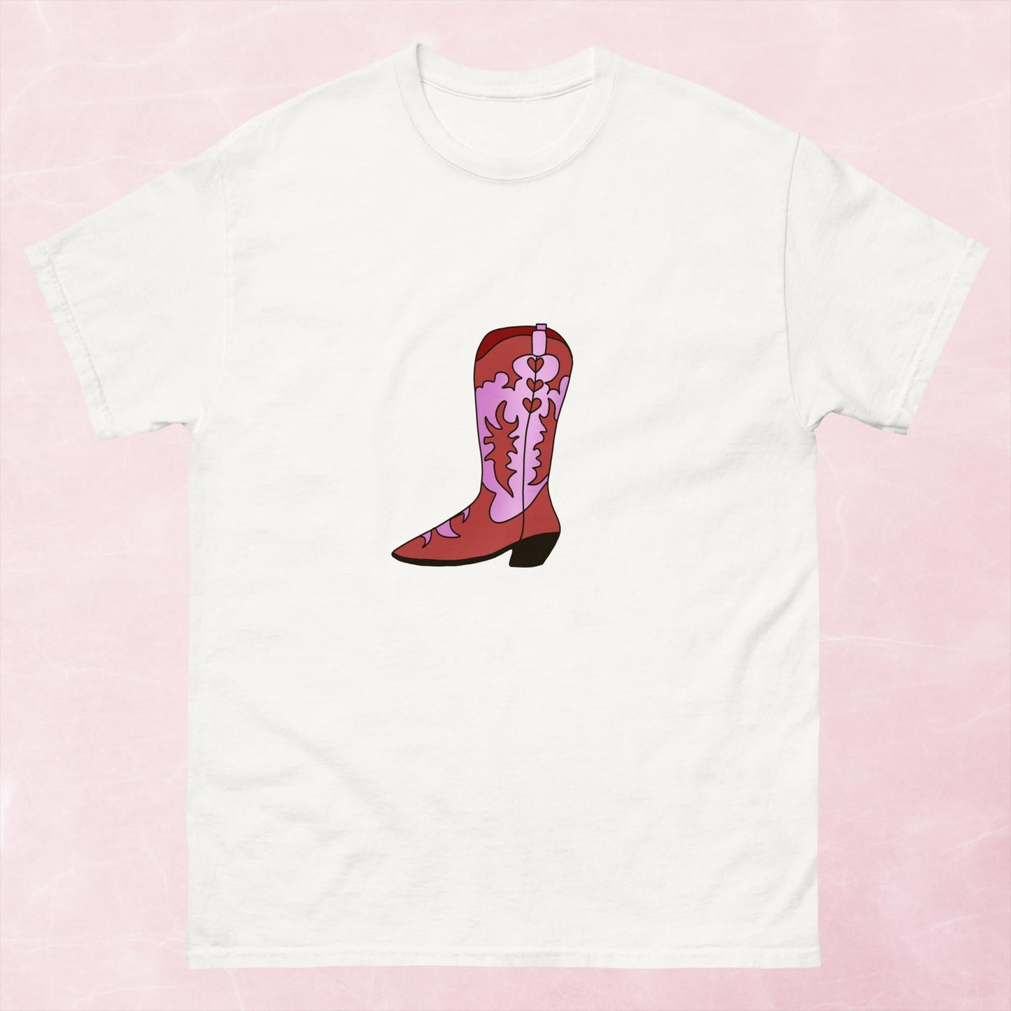 Pink hand illustrated western cowboy boot unisex graphic t-shirt