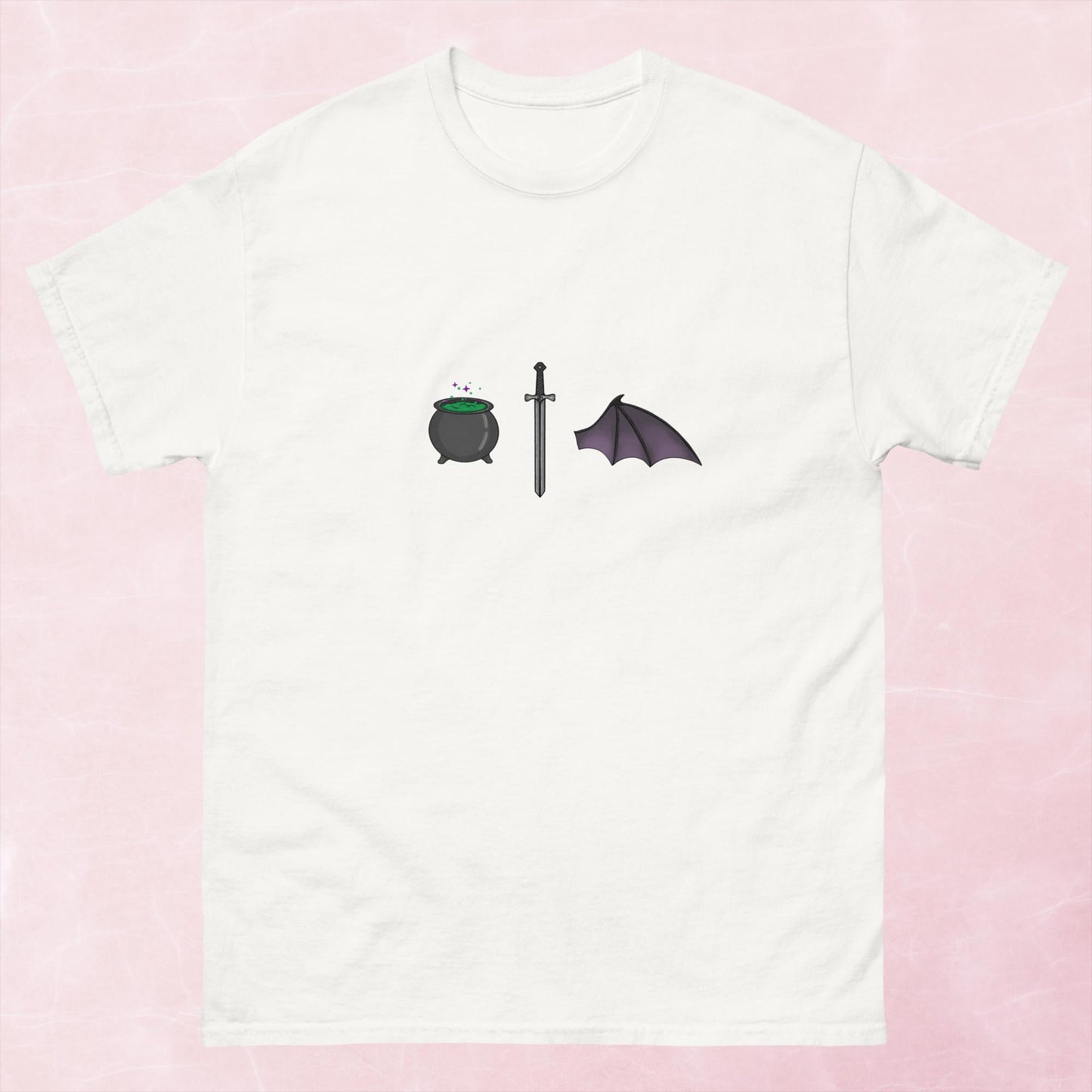 Cool hand illustrated cauldron sword and batwing fantasy book unisex graphic t-shirt