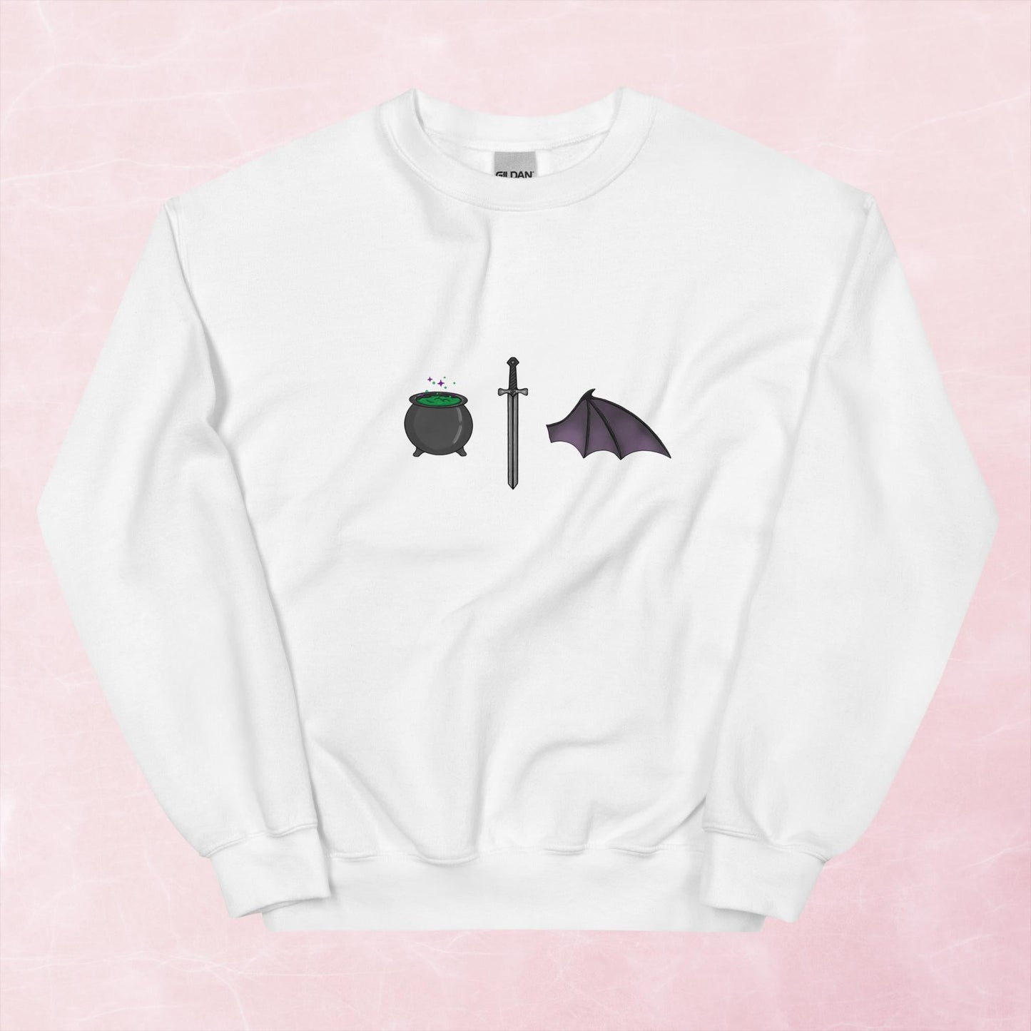 Cool hand illustrated cauldron sword and batwing fantasy book unisex graphic sweatshirt